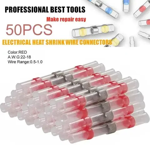 

50pcs Heat Shrink Sleeve Wire Butt Terminals Waterproof Solder Ring Seal Electrical Connectors Wire Cable Splice Kit 26/40 (mm)