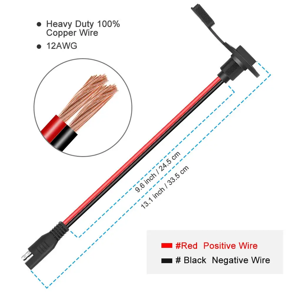 SAE Connector Cable Connector Harness Cable SAE Power Socket Sidewall Port Weatherproof SAE Quick Connect Solar Panel Mount Universal Flush-Mountable Connector 12AWG