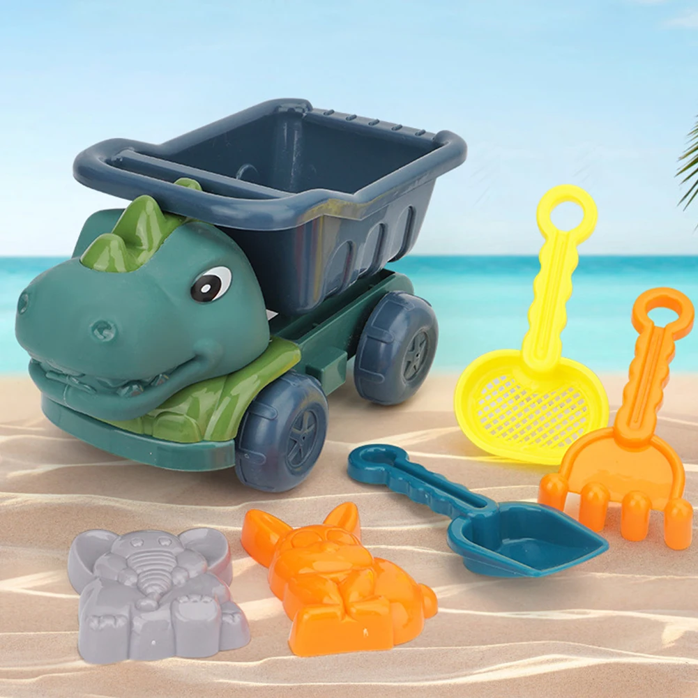 6Pcs Dinosaur Summer Beach Toys with Dump Truck Sand Molds Shovel Rake Sand Sifter Sandbox Toys for Kids Toddlers Boys Girls