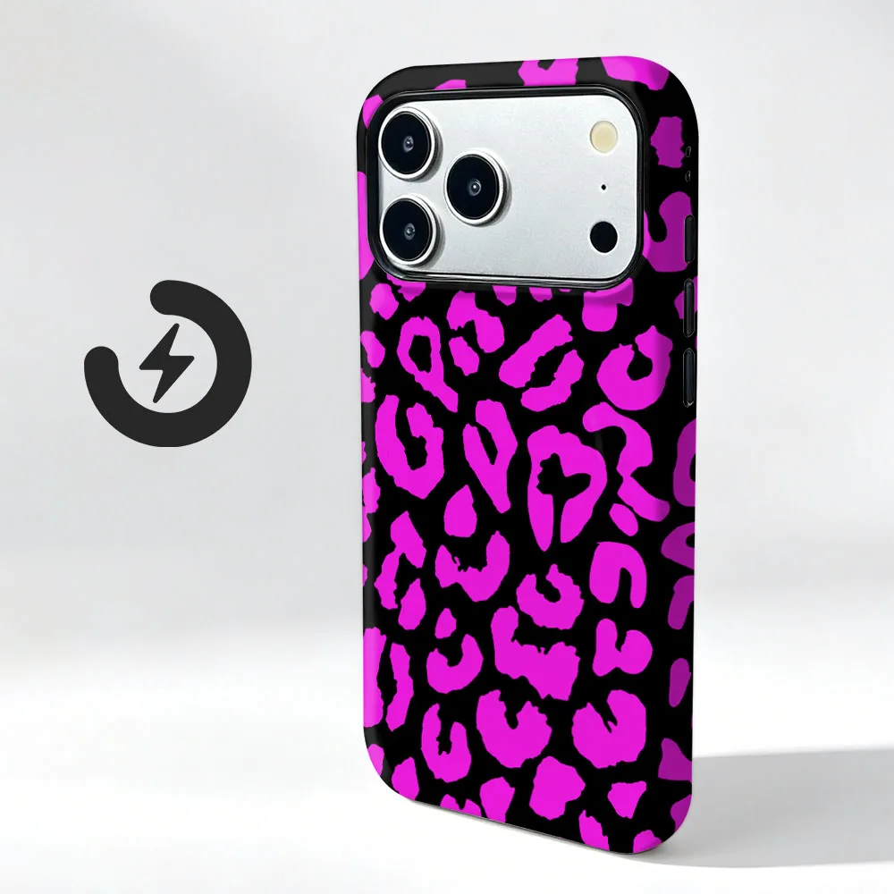 Rose Leopard Print Magnetic Phone Case with 2-in-1 Film Shell and Bumper Cover