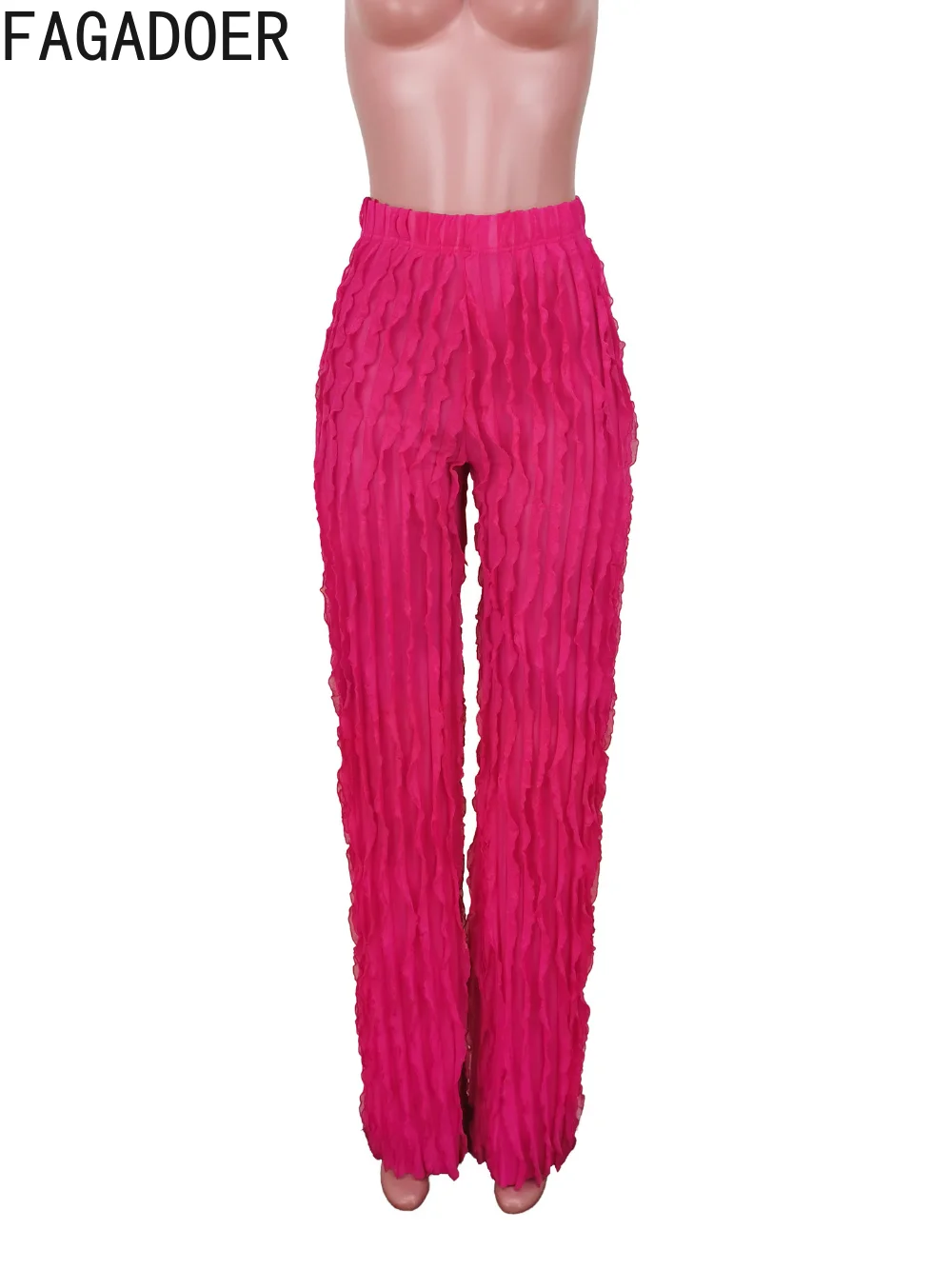 FAGADOER Fashion Tassel Wide Leg Pants Womens Casual Streetwear High Waist Stretchy Ruffles Mesh Pants Sexy Trousers Club Wears