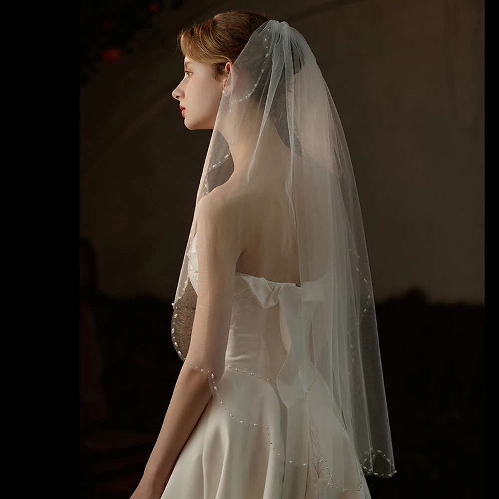Bridal Veil for Wedding Dress One-Layer Handmade Beading Edge White Brides to Be Headdress Veil