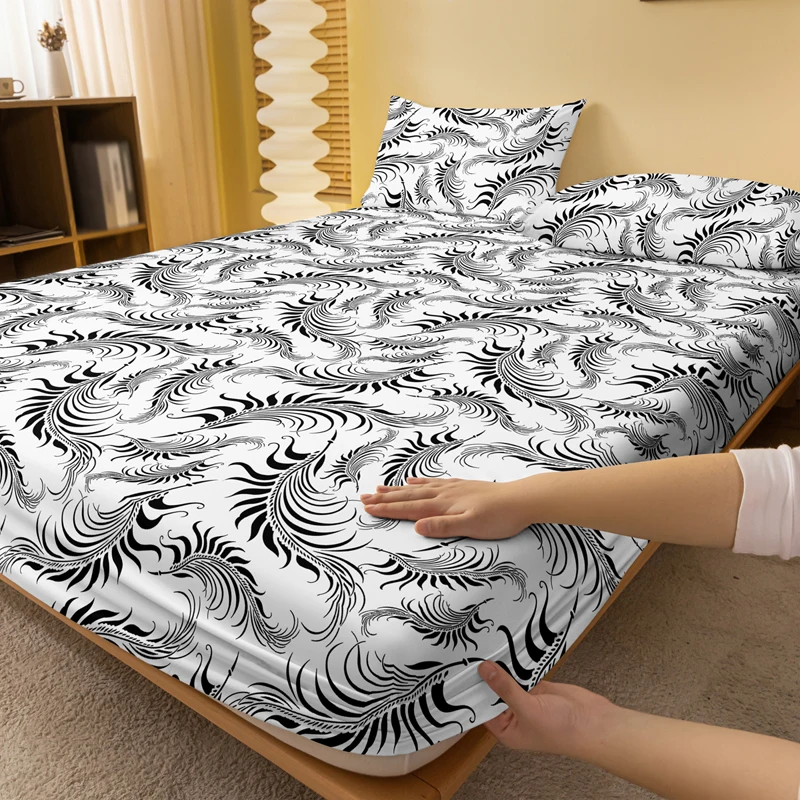 1 Simple modern Feather printed matte Fitted Sheet, bedroom printed bed cover, bedding (excluding pillowcases) 2