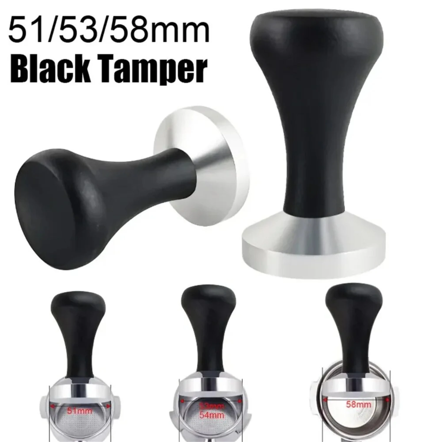 Wooden Essential Barista's Must-Have Black Handled Coffee Tamper for 51/53/58mm Delonghi Espresso Machines - Perfect Corner Tool