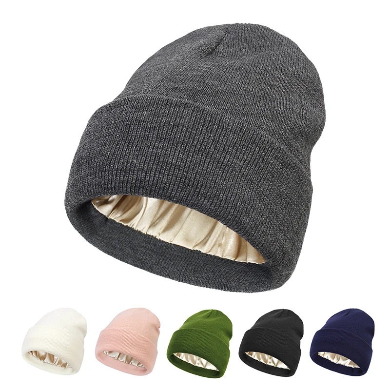 

New Wool Cap Women Men Satin Sleeping Skull Bonnet Protective Hair Night Hat Double Layer Warm Solid Knitted Beanies Unisex Hats