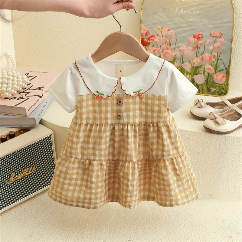 Baby Girl Dress Short Sleeved Cherry Collar Plaid For 6-24 Months girls dress,baby girl dress