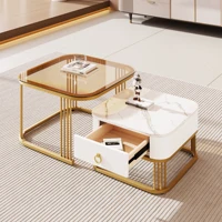 Anajqaqia Ensemble de 2 tables basses empilables, aspect marbre brillant et plateau en verre, accents dorés, table d'appoint avec tiroirs 1