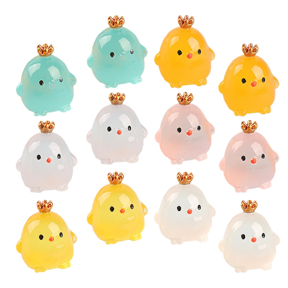 

12 Pcs Luminous Crown Chicken Mini Statue Figures Adorable Animal Resin Sculpture