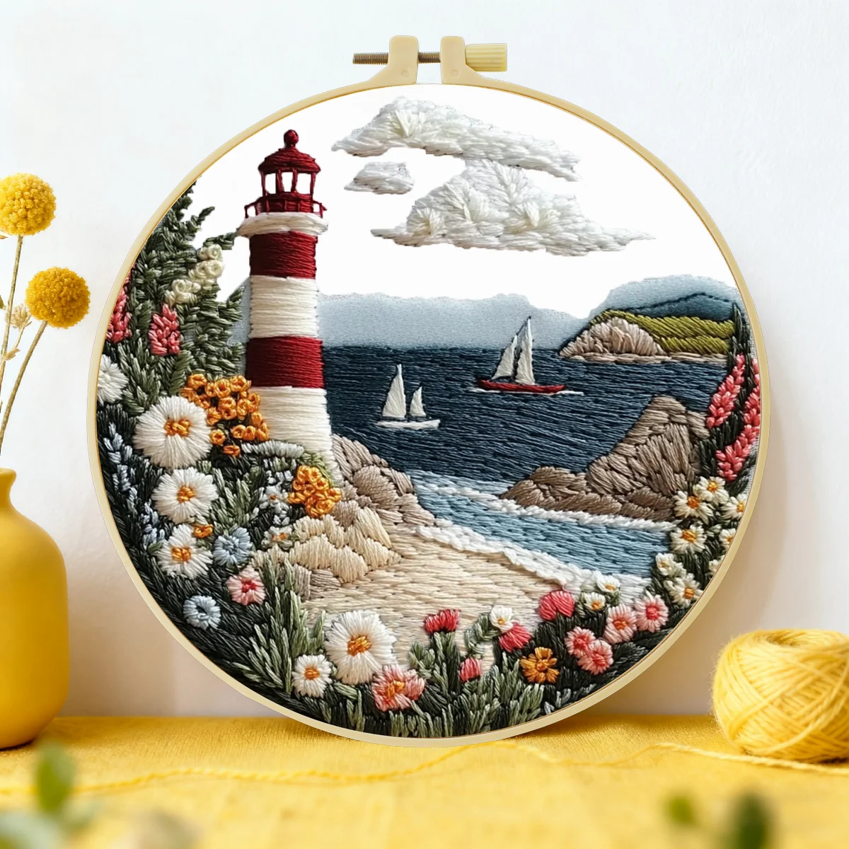 1 Stück 20X20CM/15X15CM 7,87/6,3 Zoll Stickerei-Starter-Set DIY-Kit Heimdekoration, Leuchtturm am Meer, Stickerei-Set
