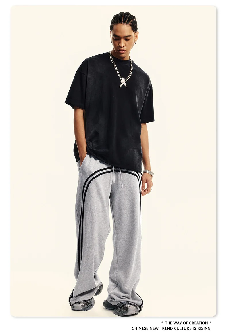 Description Picture 5 of itemMen's youth trend sports casual pants washed batik webbing zipper trousers wide-leg sweatpants cotton straight-leg pants lace-up