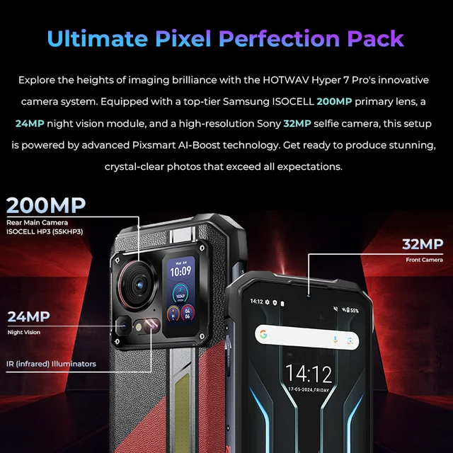 HOTWAV Hyper 7 Pro 5G téléphone robuste 200MP Android 14 6.6 ''FHD + 120Hz Smartphone 36(16 +20)GB 256GB 10800mAh 33W téléphone portable 4