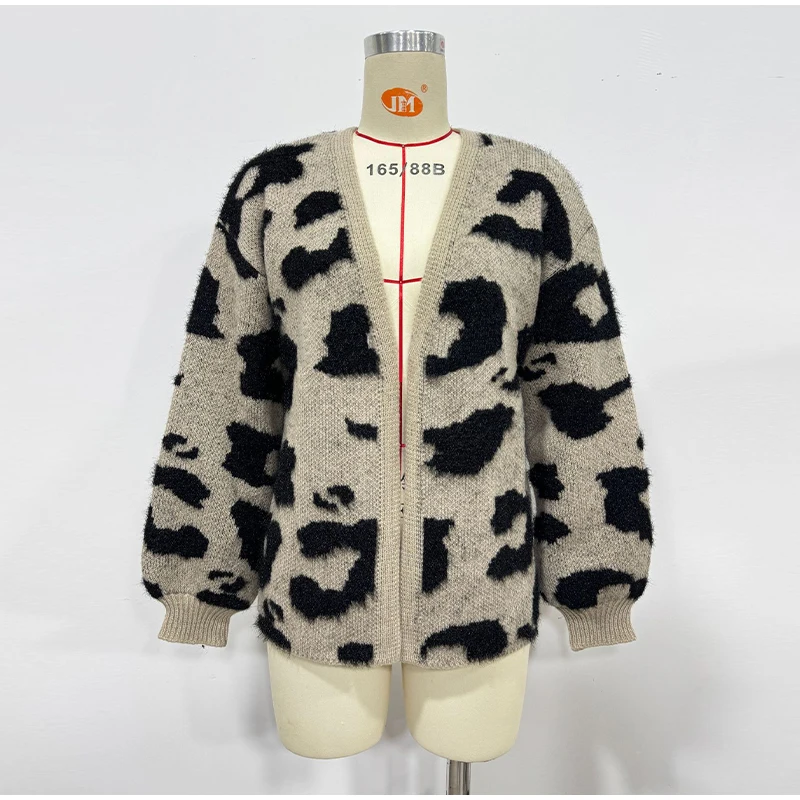 Retro Knitted Leopard Cardigan Women Casual V-neck Soft Open Sweaters Female Autumn Versatile Elegant High Street Knitwear