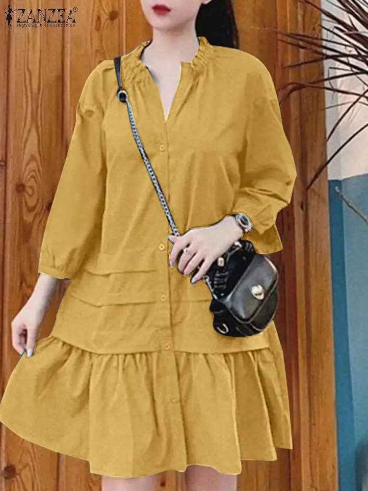

ZANZEA Holiday V-neck Pleating Vestidos Women Solid Color Mini Dress Fashion 3/4 Puff Sleeve Dresses Autumn Buttons 2023 Robes