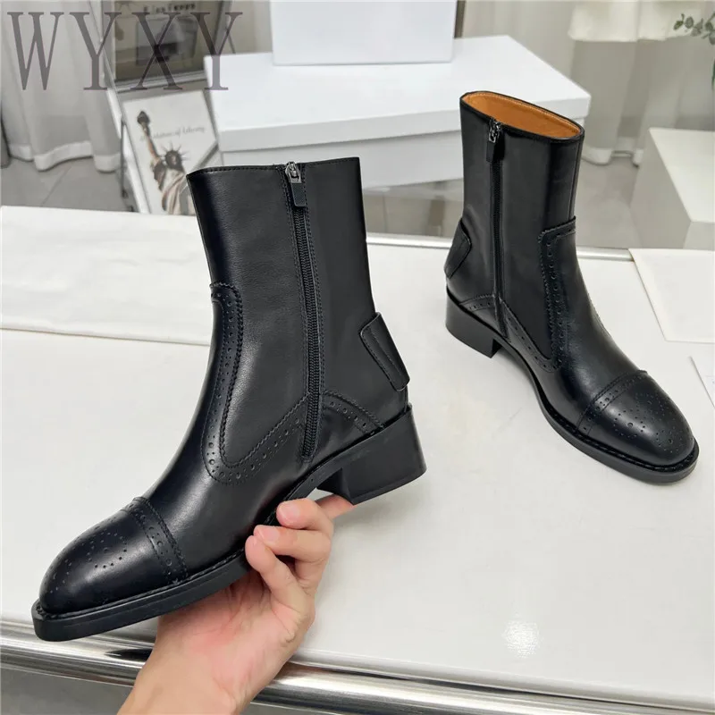

Winter New Round Toe Genuine Leather Short Boots Woman Med Heels British Style Zipper Fashion Concise Long Boots For Women 2023