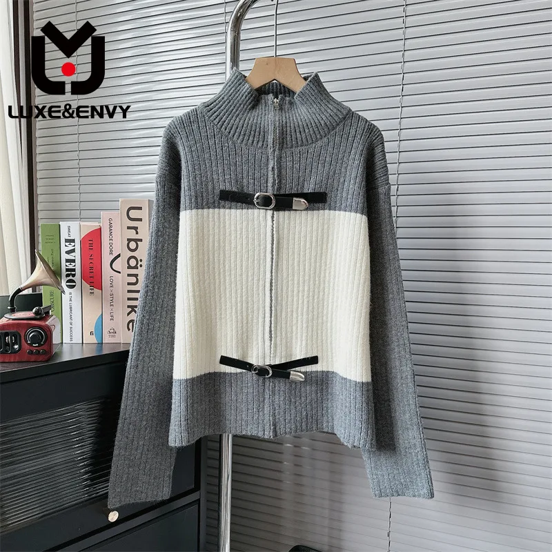 

LUXE&ENVY Contrast Stitching Zipper Half High Neck Sweater Cardigan Jacket Women's New Design Sense Knit Top 2023 Autumn