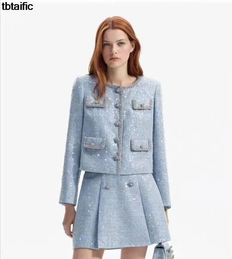 

new elegent women set two piecess 2024 spring winter sky blue crystal button vintage party wear jacket mini skirt sets