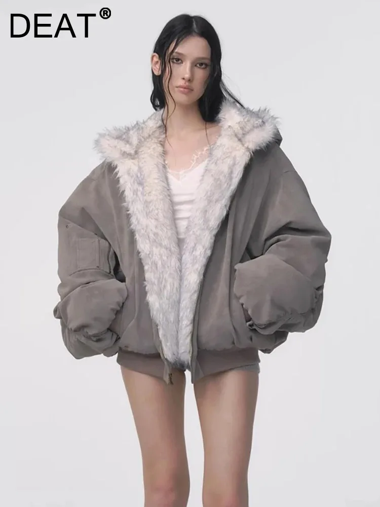 DEAT mode Double face bleu glace teint pointu écologique fourrure veste femmes à capuche grande taille manteau hiver nouveau 7A1771