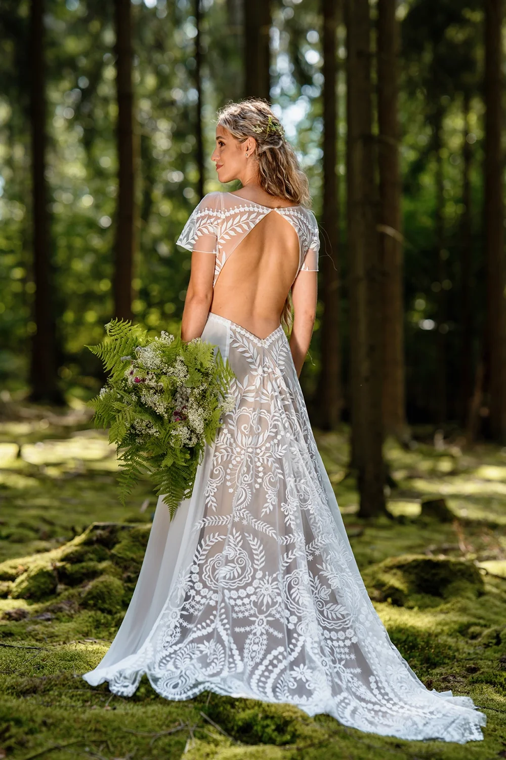 Mryarce Vintage Spitze Brautkleid Chiffon A-Linie Brautkleider mit kurzen Ärmeln – Detail 13