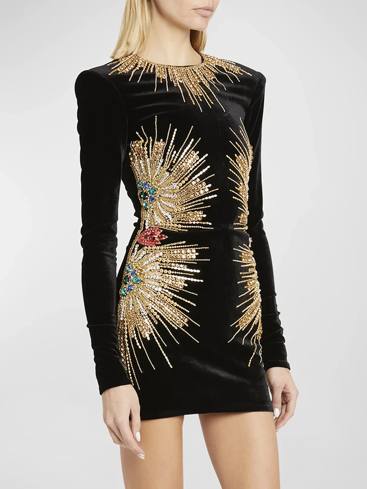 

HIGH STREET Newest 2023 Designer Fashion Women's Long Sleeve Stunning Sequined Rhinestone Diamonds Beaded Velvet Dress