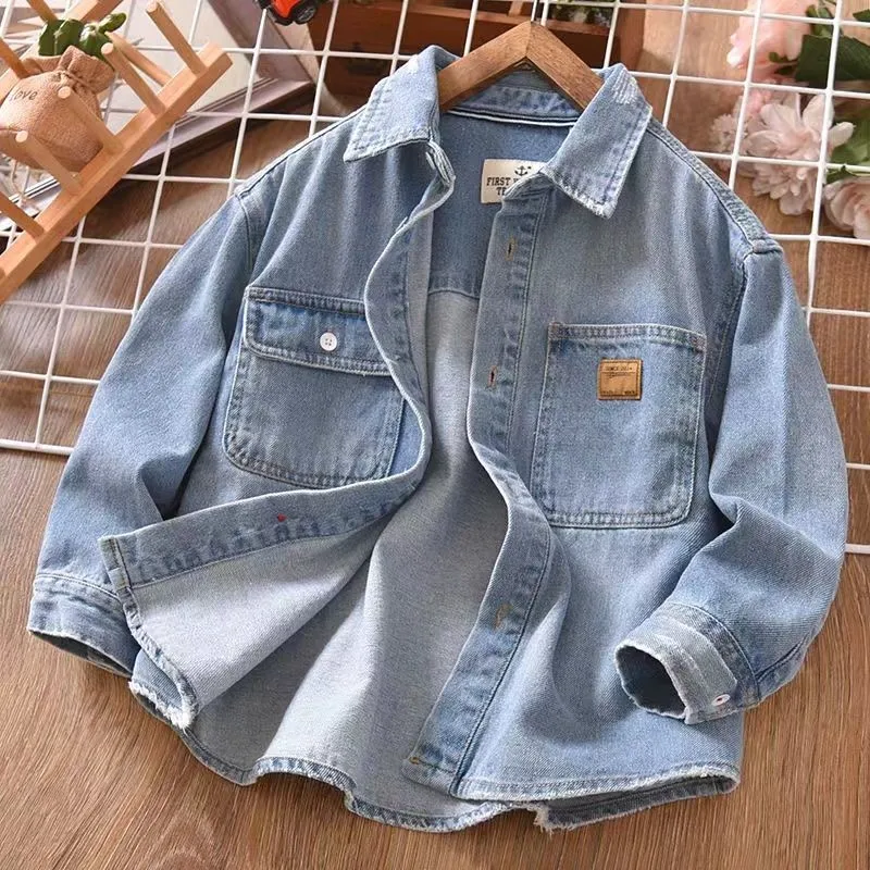 Spring autumn Baby Girls boys Cotton solid Denim shirt coat Cute Children kids Clothes