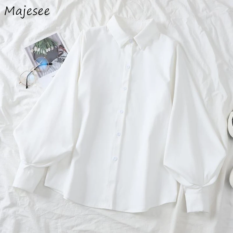 

Women Shirt Lantern-sleeve Korean Fashion Solid Simple Turn-down Collar Design Loose Fit Ladies Tops Spring Minimalist Causal
