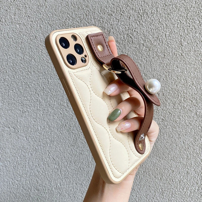 Fashion PU Leather Pearl Wrist Strap Stand Case For iPhone