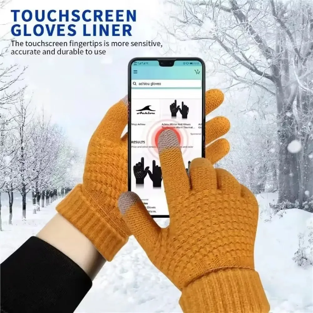 New Men Women Warm Winter Touch Screen Gloves Stretch Classical Knit Mittens Wool Full Finger Outdoor Cycling Driving Female 3