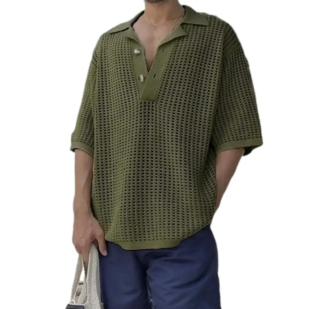 

Summer Men Tops Sweatshirt Lapel V-Neck Short Sleeve Loose Hollow Out Knitwear Streetwear Sweats