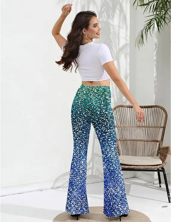 [You're My Secret] Women Mermaid Style Bell Bottom Pants Fish Scale Print Elastic High Waisted Sexy Colorful Shiny Flare Pants 4