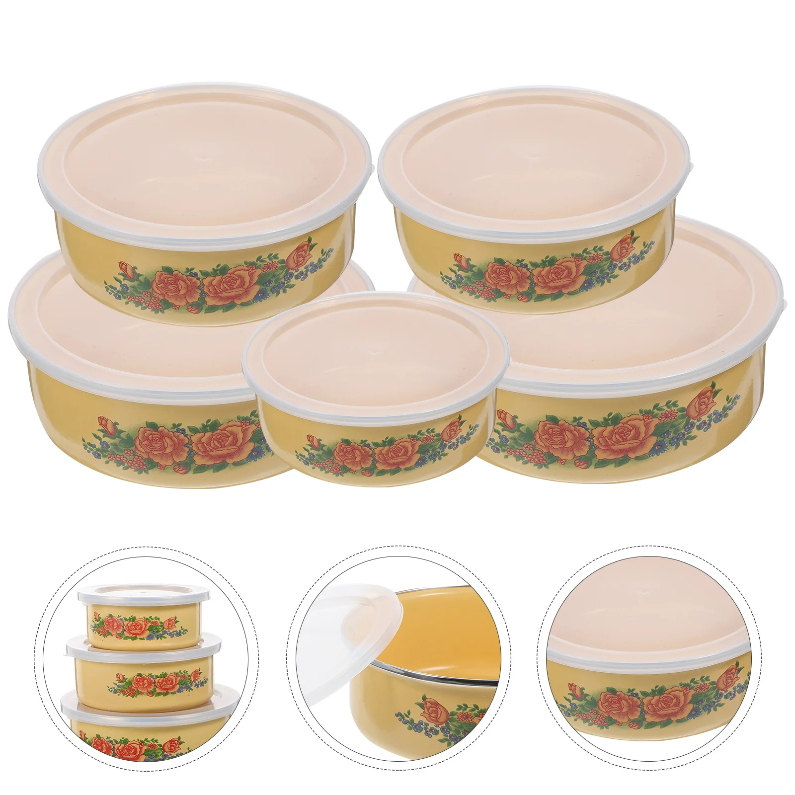 

5 Pcs Enamel Thickened Preservation Bowl with Lid Kitchen Items Deepen Soup Mixing Food Containers Lids Noodle Bowls Salad