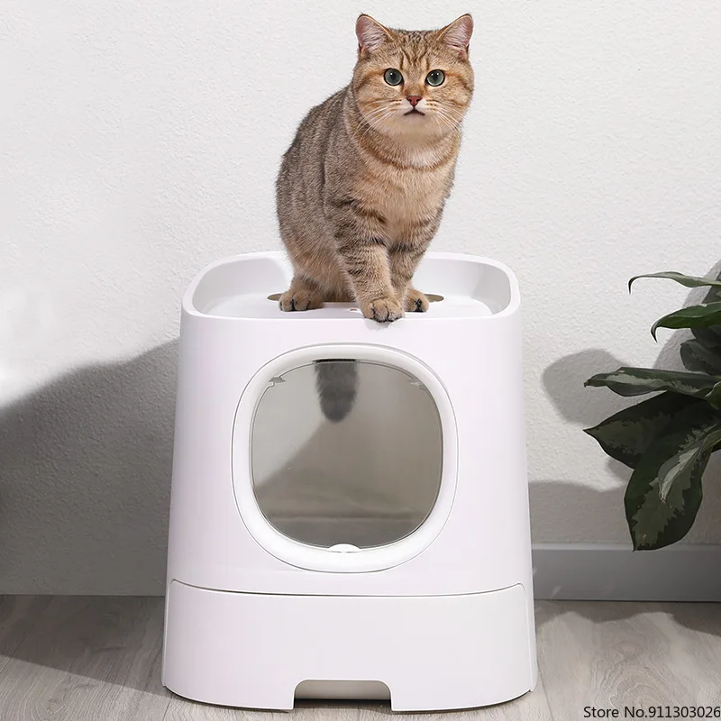 

Fully Enclosed Cat Litter Box with Drawer Pulley Top Exit Splash Proof Cat Toilet Training Kitten Tray Deodorant Pet Supplies
