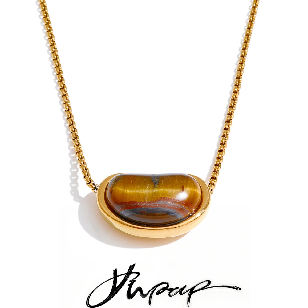 Yhpup Natural Tiger Stone Oval Pendant Necklace