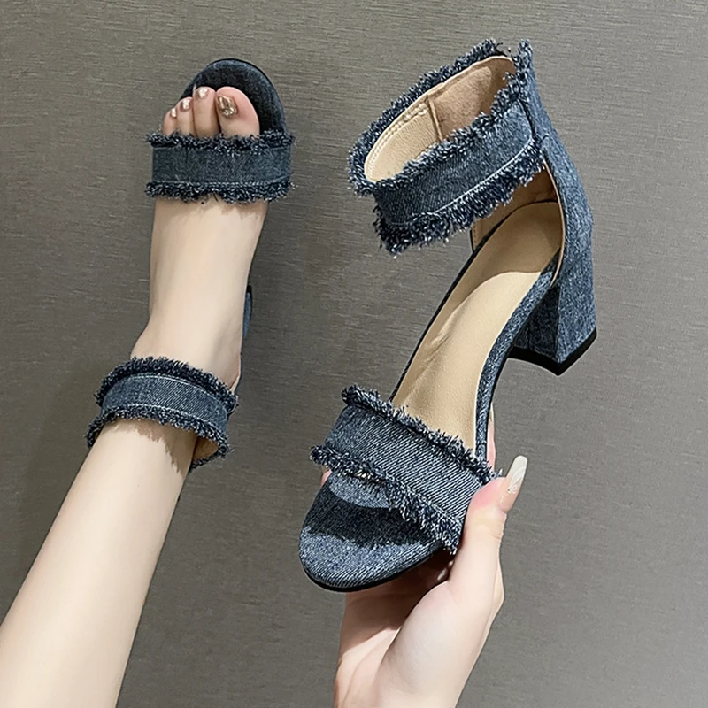 

Women's Denim Ankle Strap High Heels Sandals Summer Back Zipper Thick Heel Sandals Woman Fashion Fringe Design Party Shoes Mujer