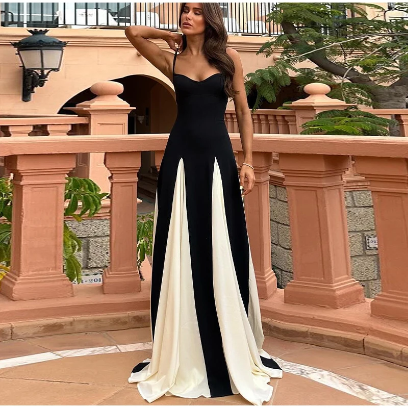 Fashion Patchwork Strap Maxi Dress Women Sexy Sleeveless Backless Female Sling Dresses Summer New Party Lady Robe