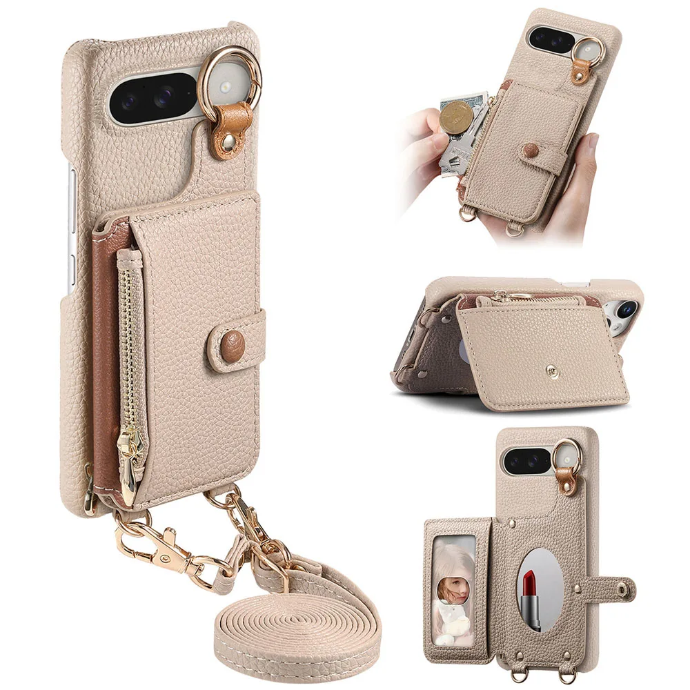 Litchi Patterned Leather Wallet Phone Case with Card Holder and Lanyard Strap