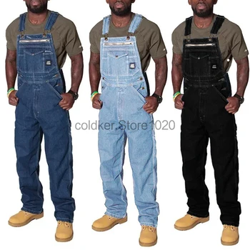 2024 Men's Denim Cargo Trousers Blue Multi Pocket Jumpsuit Solid Summer Fashion Splice Straight Rompers Men Casual Streetwear 1