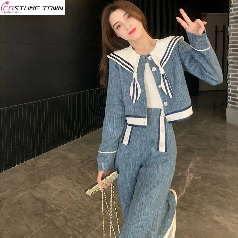 Fashion Women's Set 2023 Autumn/Winter Korean Version New Wide Leg Pants Navy Collar Coat Two Pieces for Women