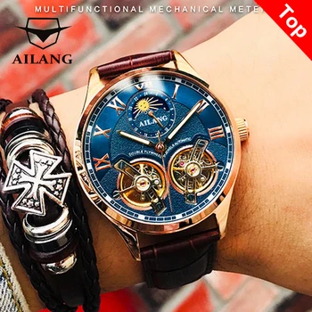 AILANG 2019 최신 디자인 시계 남자 더블 플라이휠 자동 기계식 시계 패션 캐주얼 비즈니스 남자 시계 원래 기계식 손목시계 시계 남자 스위스시계 문페이즈 다이버 태엽 시계 시계 오토메틱시계 mechanical watch men hand wind watch men homage watch sports watches