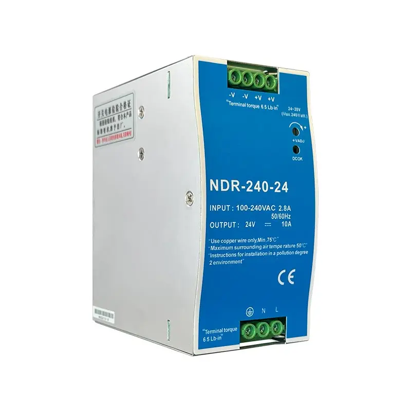 NDR 240W 24V 48V 산업용 DIN 레일 유형 단일 그룹 출력 변압기 240VAC 스위칭 전원 공급 장치
