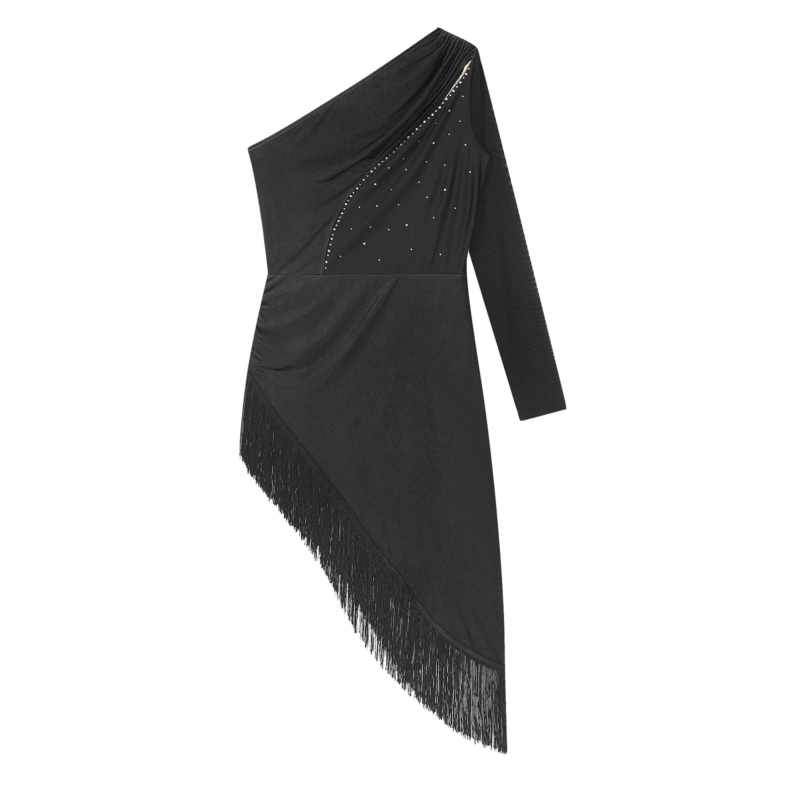 Latein-Tanzkleid mit Pailletten, Cha-Cha-Tango-Tanzkleid für Damen, Kabarett-Quaste, glänzende Strasssteine, One-Shoulder-Abschlussball-Ballsaalkleid – Detail 14