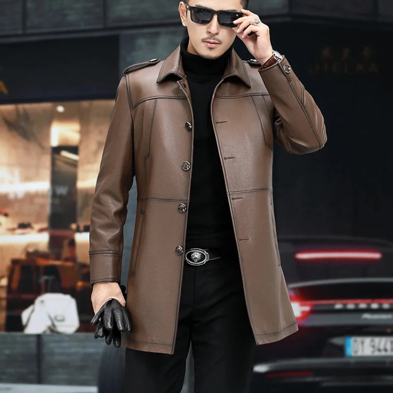 

2024 Tcyeek Natural Leather Jacket Men Top Layer Cowhide Coat for Man Mid-length Trench Autumn Winter Clothes Streetwear