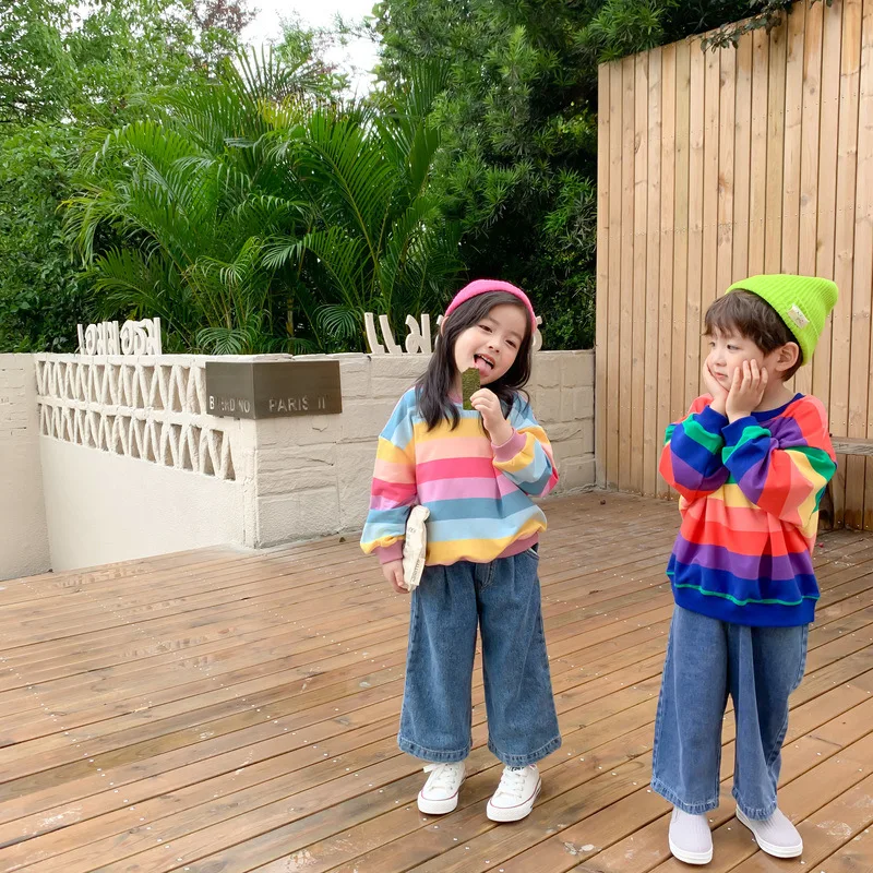 

3852 Baby Kids Hoodies Korean Autumn Sweatershirt Rainbow Striped Pullover for Boys and Girls Long Sleeve Loose Tops