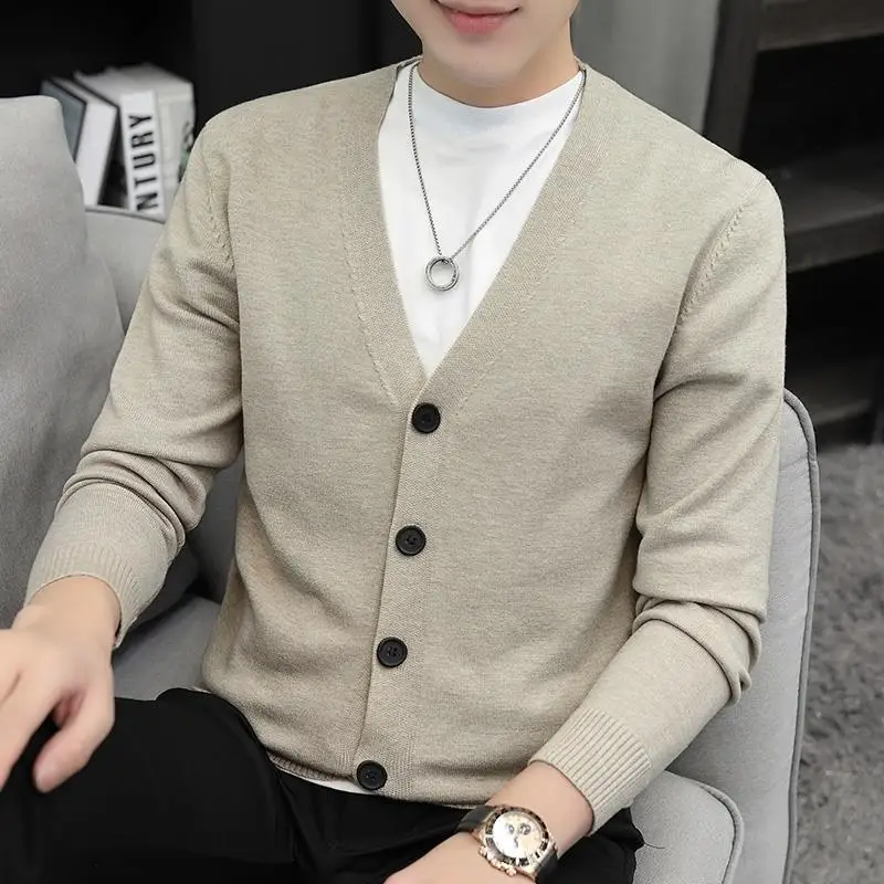 Autumn Winter New Men Sweater Coat V-Neck Solid Single Breasted Korean Fashion Casual Slim Long Sleeve Cardigan Knitted Tops 6