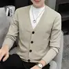 Autumn Winter New Men Sweater Coat V-Neck Solid Single Breasted Korean Fashion Casual Slim Long Sleeve Cardigan Knitted Tops 6