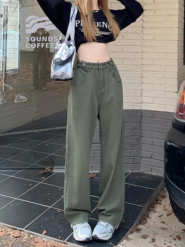 Autumn High Waisted Green Jeans Women's Vintage Straight Loose Streetwear Pockets Denim Button Wide Leg Pants