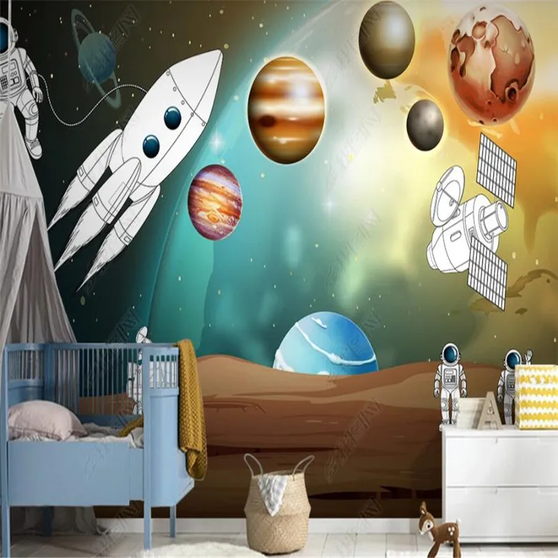 

Custom Universe Starry Wall Paper Planet Astronaut Rocket 3D Stereo Children's Room Mural Kids Room Self-adhesive Wallpapers