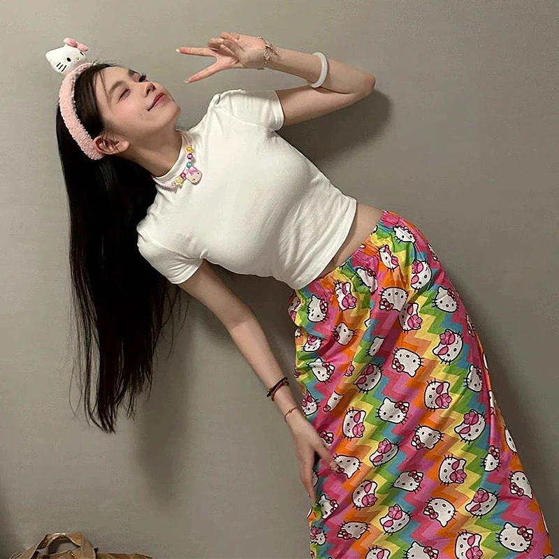

Sanrios Hello Kitty Hottie Long Skirt Cartoon Dopamine Niche Design Sense Hottie High Waisted Two Pronged Half Length Skirt New