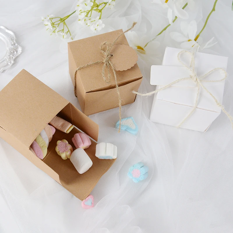 10Pcs Square Kraft Paper Candy Box With Rope Wedding Favor Lace Chocolate Box For Birthday Baby Shower Party Gift Pakcing Decor