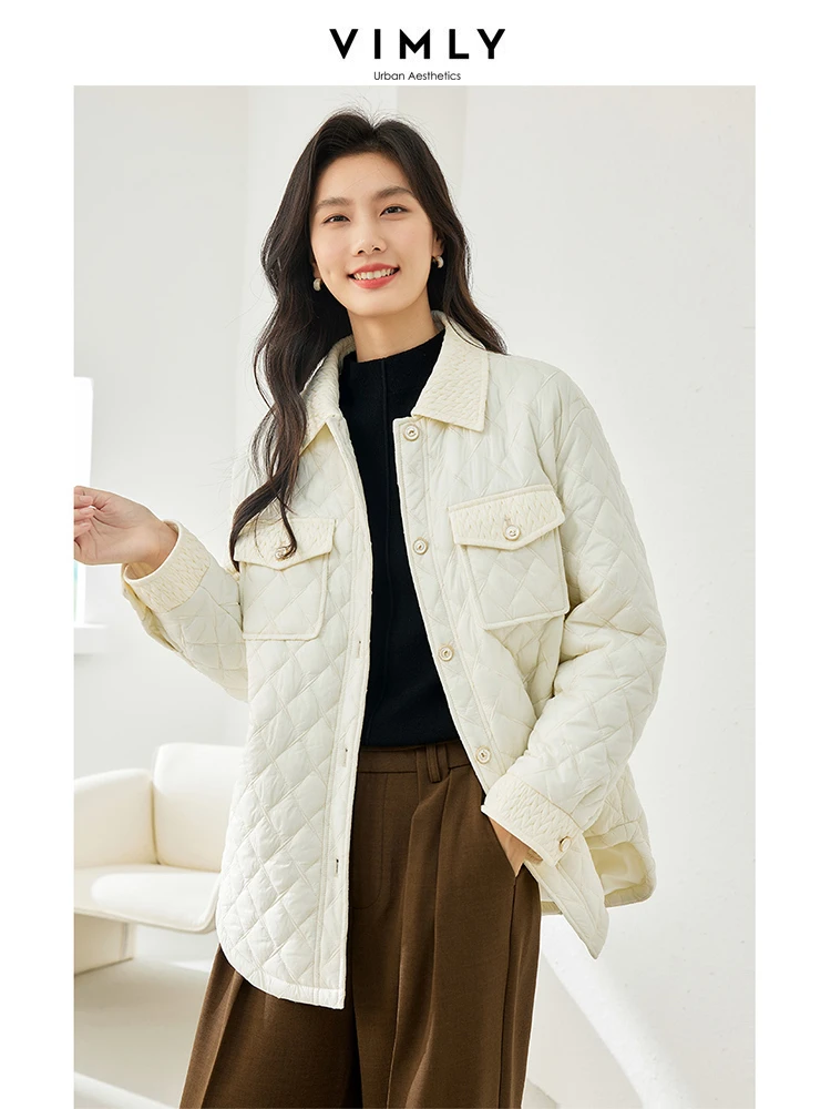 Vimly Winter Apricot Argyle Parkas Quilted Jacket Women 2023 Lapel Loose Long Sleeve Warm Overshirts Female Coats Clothes M3687