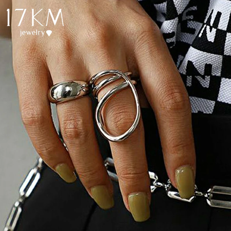 17KM 2Pcs/Set Open Rings Exaggerated Irregular Rings for Women Twist Silver Color Curved Line Ring Trendy Jewelry Accessories